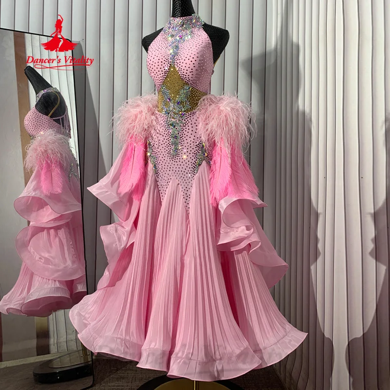 Modernes Tanz-Performance-Kostüm für Damen, individuelles Senior AB Stones Fishtail-Kleid + hochwertiges Ballsaal-Tanzkleid mit Federärmeln