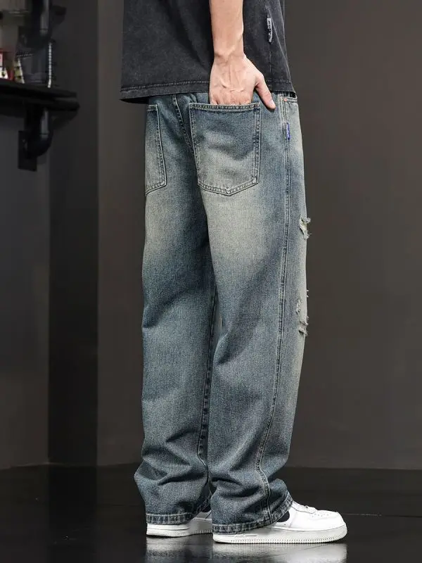 Pantalones vaqueros rasgados americanos para hombre, novedad de verano, rectos, sueltos, de pierna ancha, informales, pantalones de lavado para hombre