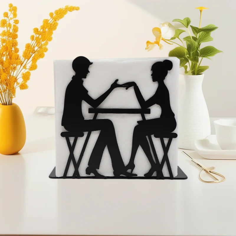 Nordischer Eisen-Kunst-Papierrollenhalter, freistehender Metall-Serviettenhalter mit Paar-Charakter-Design, Esstisch-Aufbewahrungsregal für