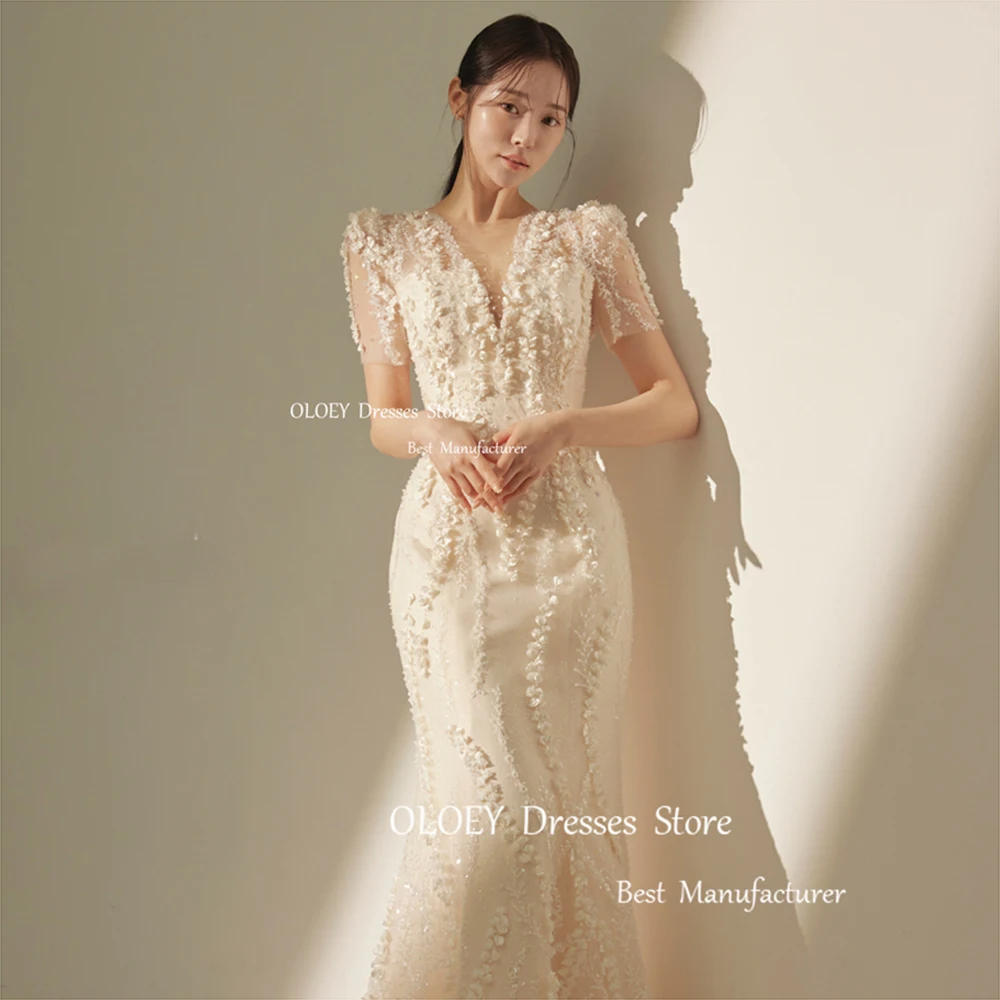 OLOEY 2024 Exqusite Korea Mermaid Wedding Dresses Ivory Soft Tulle Appliques Lace Short Sleeves Photo Shoot Bridal Gowns Custom