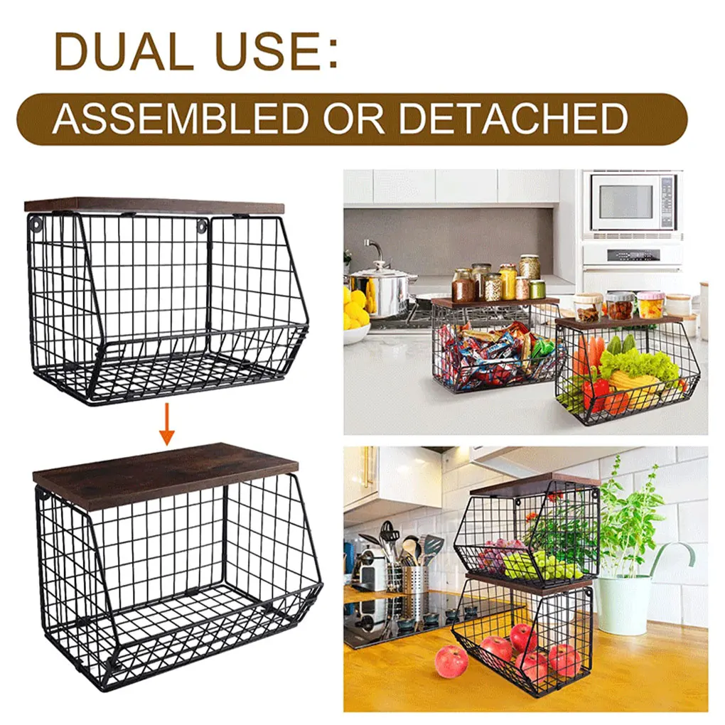 Pack of 2 Multifunctional Kitchen Iron Fruit Basket Stackable Vegetable Storage Basket Home Wall-Mounted Snack Storage Rack