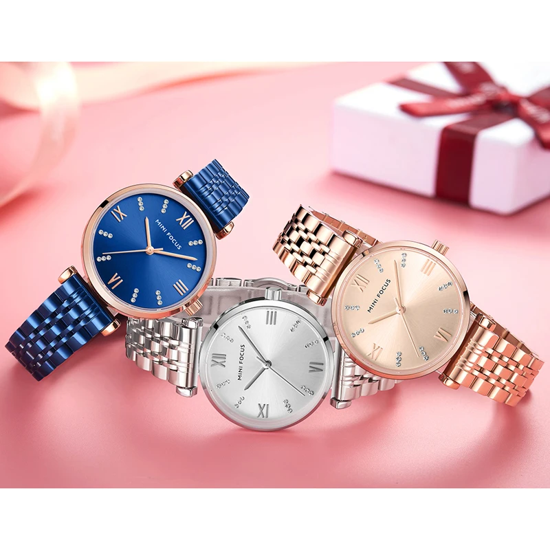 MINI FOCUS MF0335L Luxury Diamonds Dial Watch Blue Stainless Steel Band Waterproof High Quality Women Quartz Watches