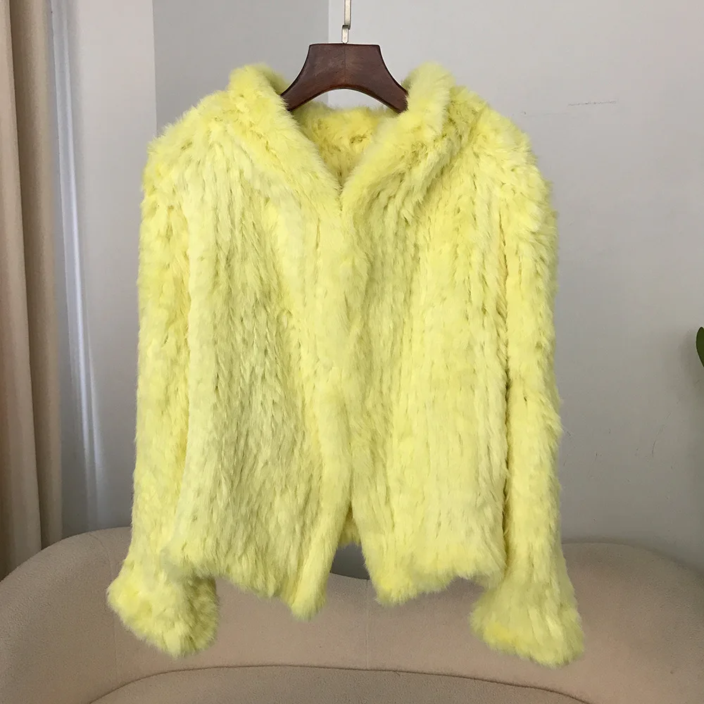 2024 Autumn and Winter New Encrypted Thickened Handmade Double-sided Woven Hooded Korean Style Short Rabbit Fur Coat for Women