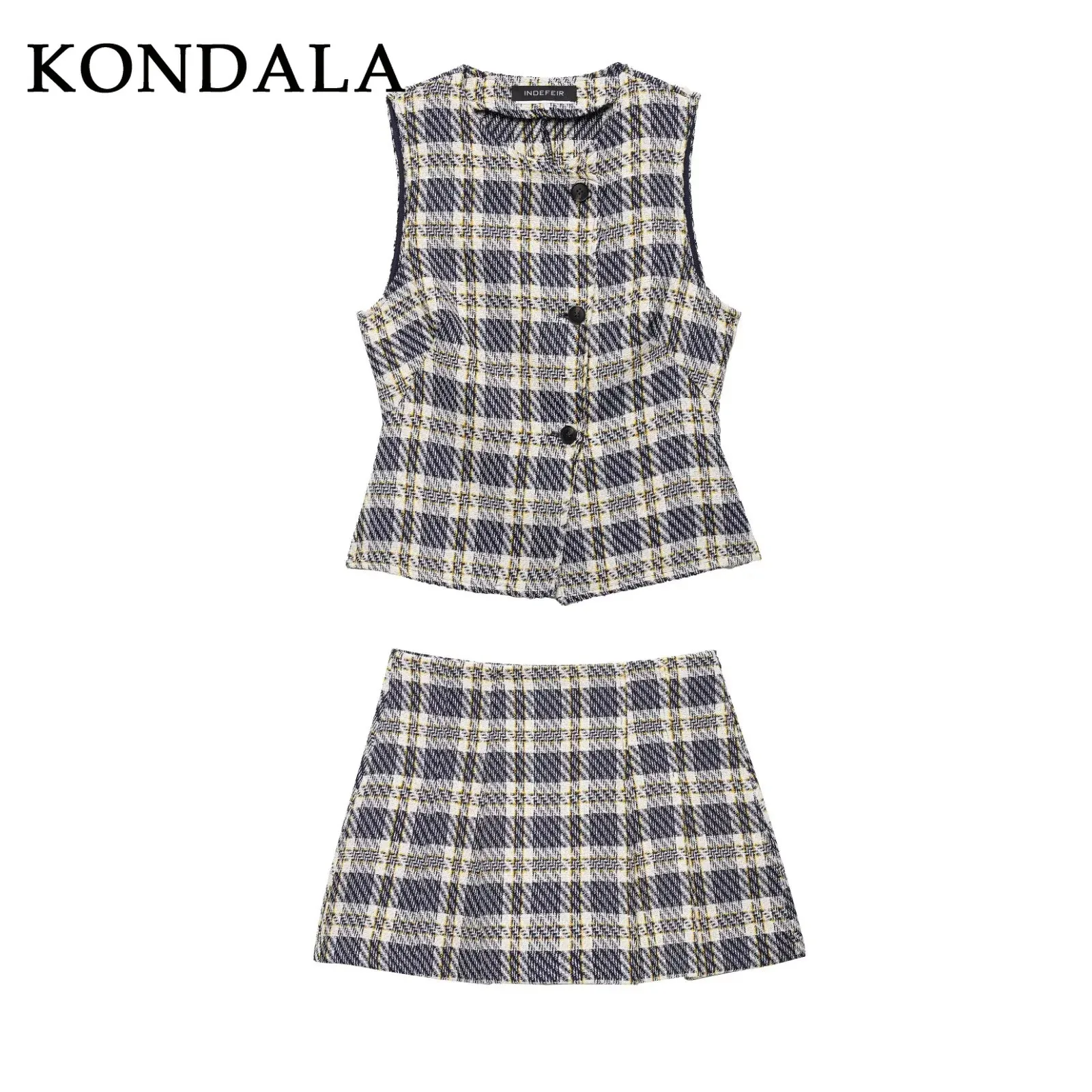 KONDALA 2025 가을 겨울 캐주얼 체크 여성 정장 패션 스트리트웨어 싱글 브레스티드 O넥 조끼 시크 지퍼 반바지 스커트