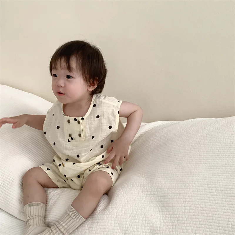 

2024 Summer New Baby Short Sleeve Romper Boy Girl Newborn Dot Print Jumpsuit Cotton Thin Breathable Infant Toddler Clothes 0-3T