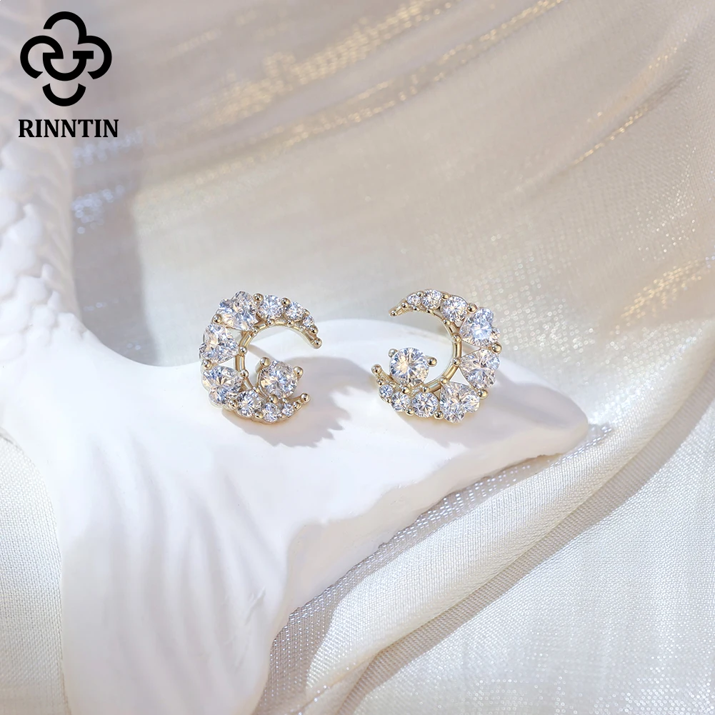 

Rinntin CZ Moon Shape Stud Earring Shiny Girls Dainty 925 Sterling Silver Clear Crystal Wedding Earrings Elegant Jewelry SE416