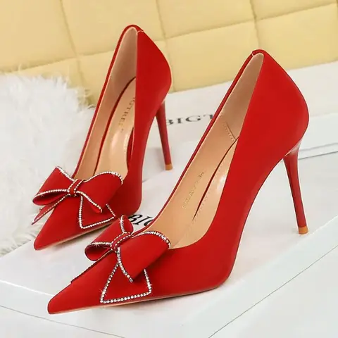 BIGTREE-Escarpins pointus à talons hauts de 10cm pour dames, mode coréenne, injshallow Parker Crystal Butterfly Bowvétérans ts, chaussures rouges et violettes