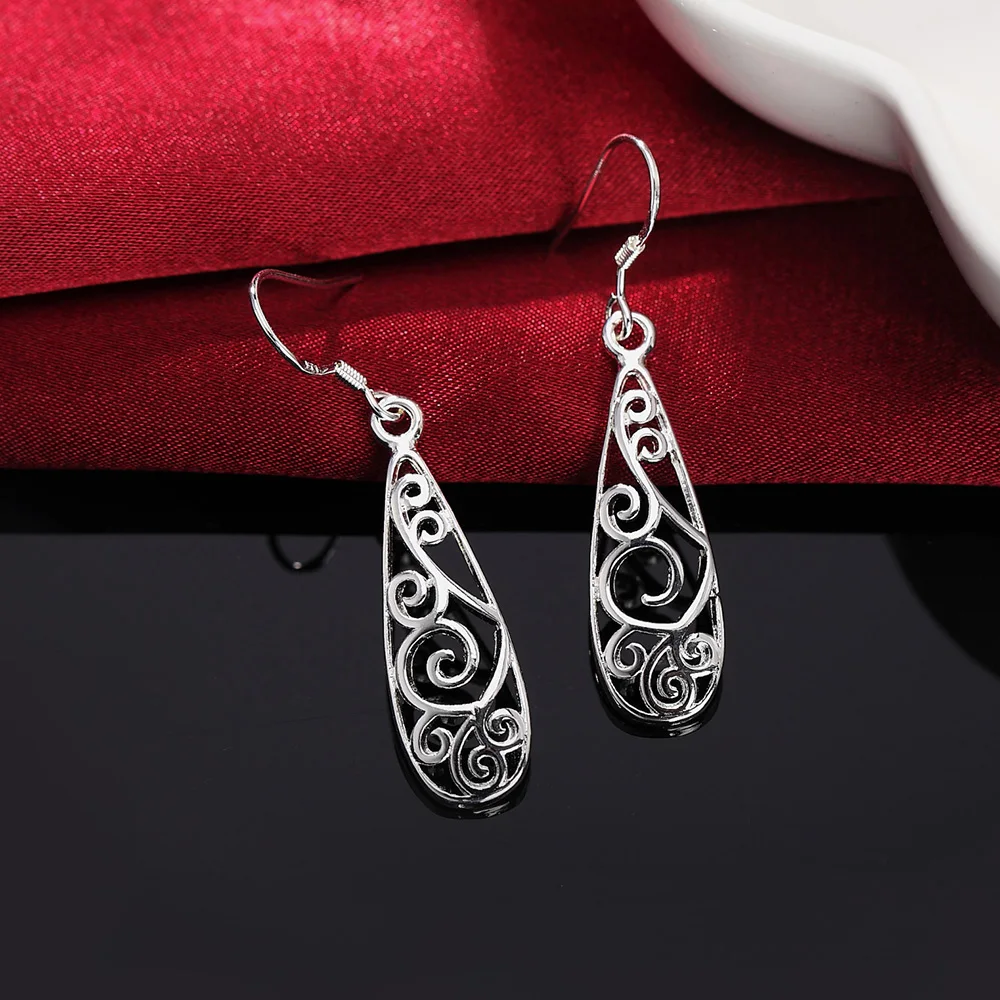 Hot sale 925 Sterling Silver Carved drop shape Earrings Women fashion Jewelry Christmas Gifts party vintage long earrings