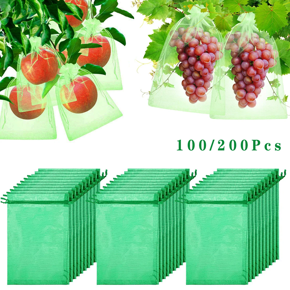 

100/200Pcs Fruit Netting Bags Vegetable Protection Mesh Cover Plant Growing Netting Anti-Bird with Drawstring Garden Accessories