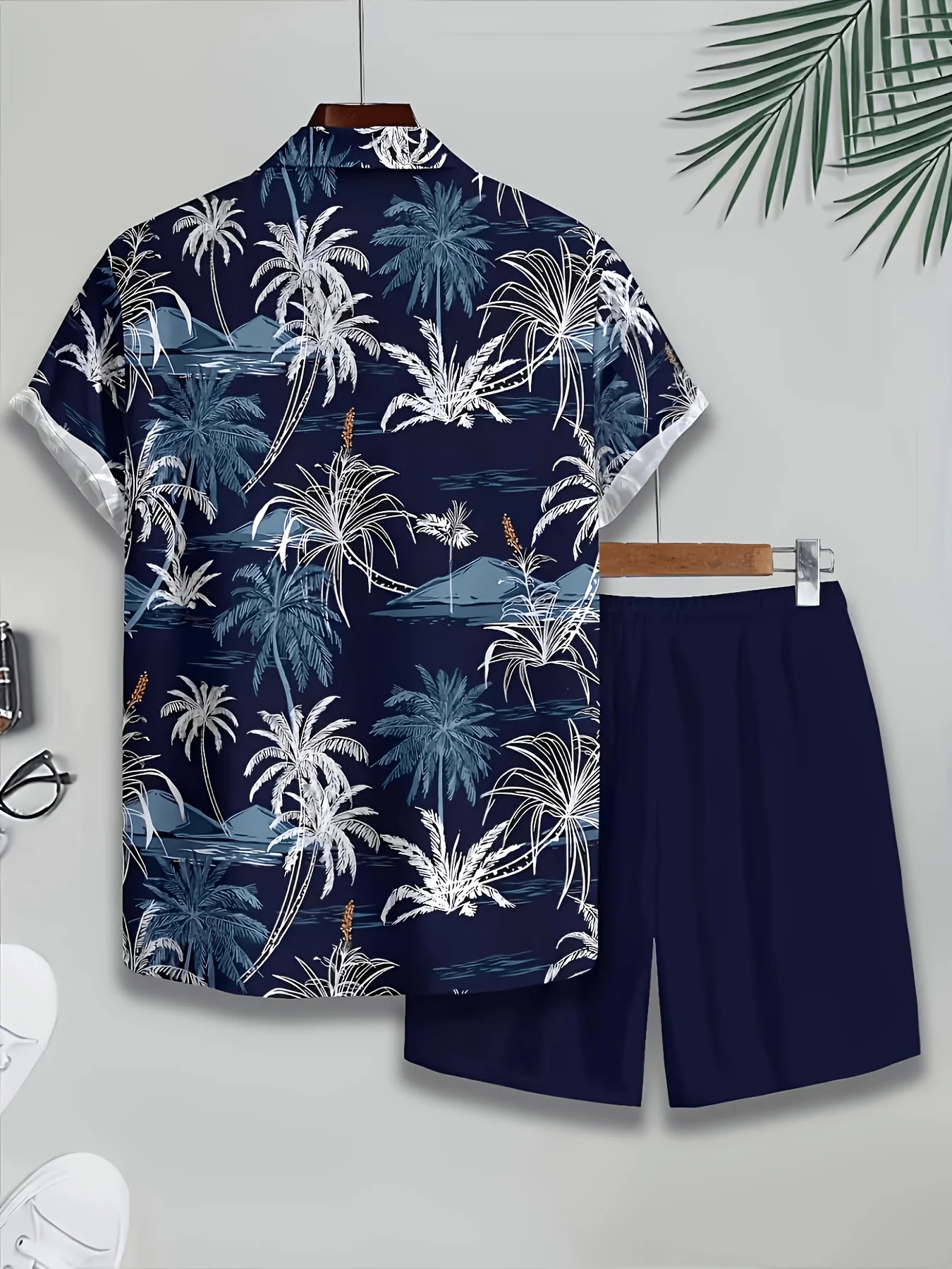 Tropical Island Scenery Graphic Men Co‑ord Set Turn‑down Collar Button Shirt Elastic Waist Short Pant Vacation Suit