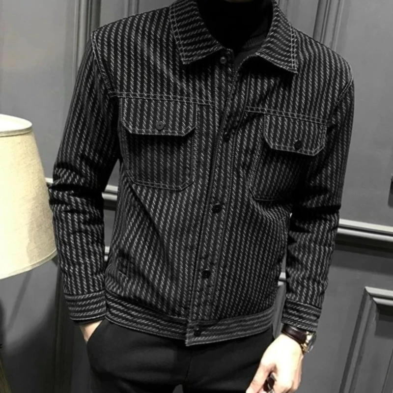

​Thermal Men's Houndstooth Jacket 2025 Autumn Winter Slim Fit Outerwear with Fleece Lined Striped Pockets Warm Cozy​