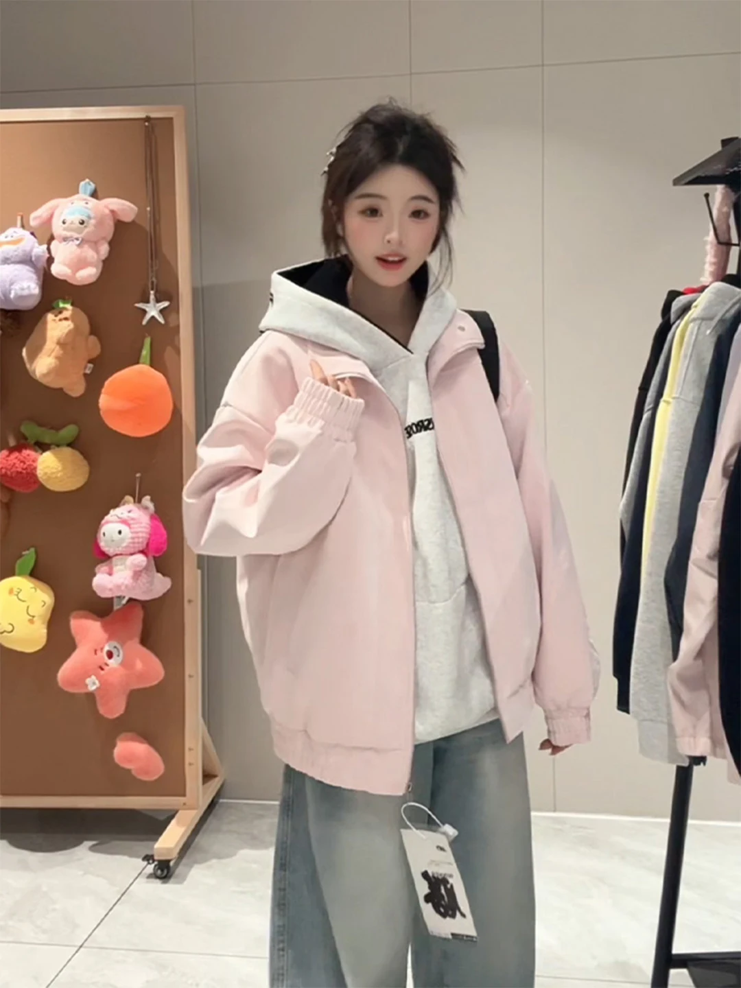 

Pink Stand Collar Leather Jaet Women's ort Sle Windproof Waterproof Spring Autumn Couple's Baseball Sle Outerwear