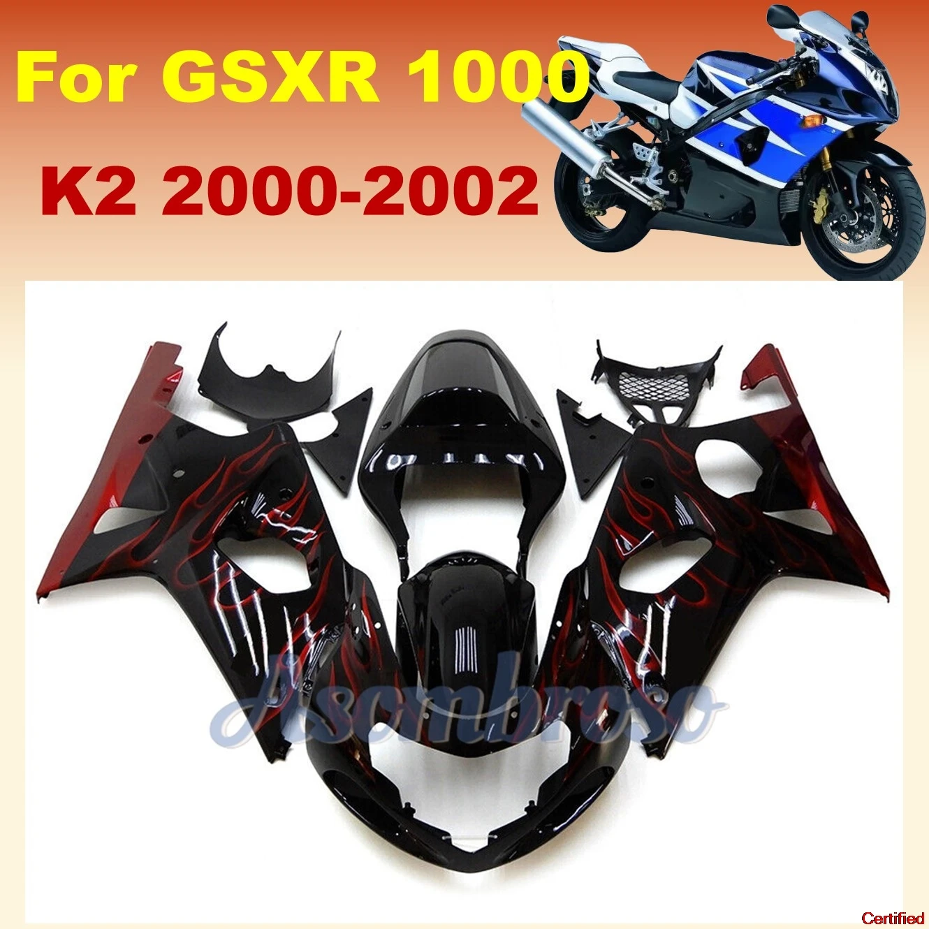 Red Flame Motorcycle  Fairings Fit for GSXR1000 2000 2001 2002 GSX-R1000 02 01 upmarket fairing kit CN
