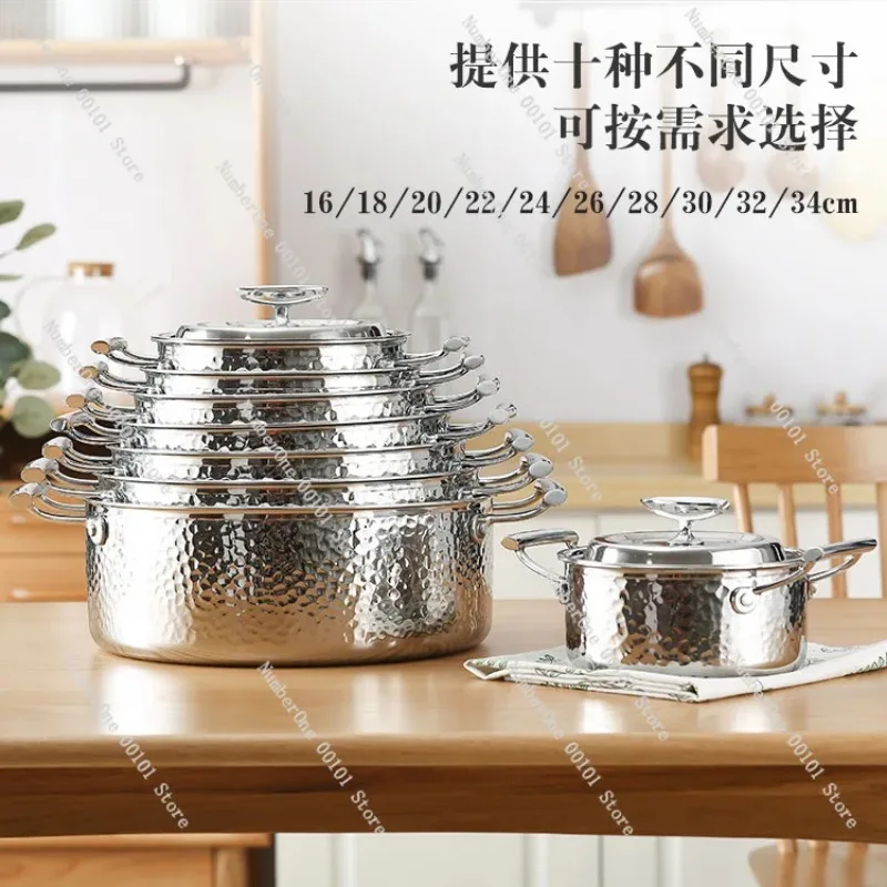 Korean Thickened 3-Layer Stainless Steel Hammered Soup Pot, Frying Pan & Milk Pot Set