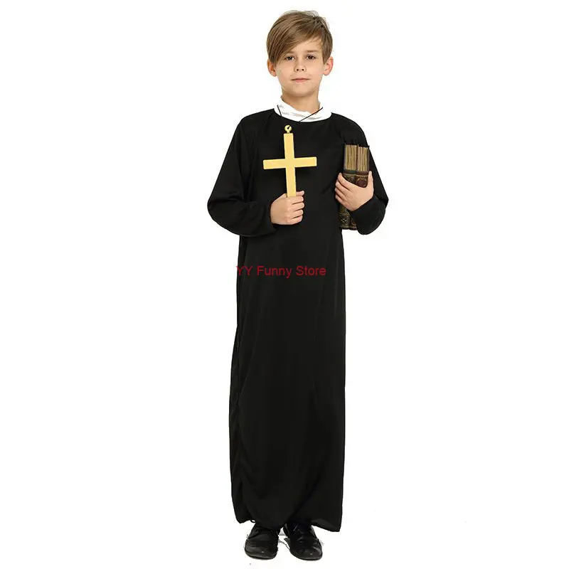 Traje do tema do Dia das Bruxas para meninos e meninas, freira Cosplay, Chefe Venha, Deus Pai, Sacerdote Robe, Manto, Colar Cruz, Feiticeiro, Dia das Bruxas