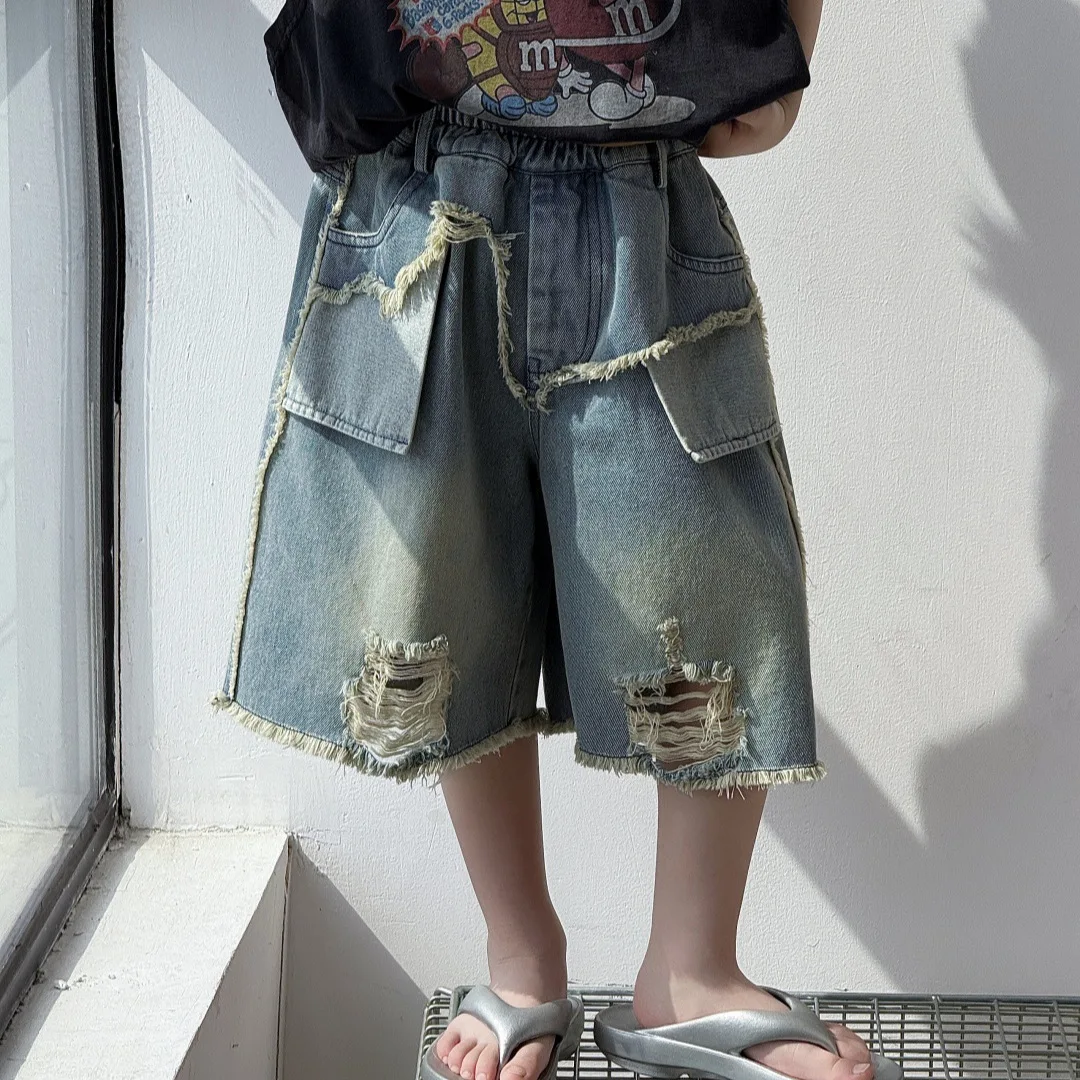 

2025 New Summer Boys' Shorts Denim Fashion Handsome Korean Vintage Pentagram Pants