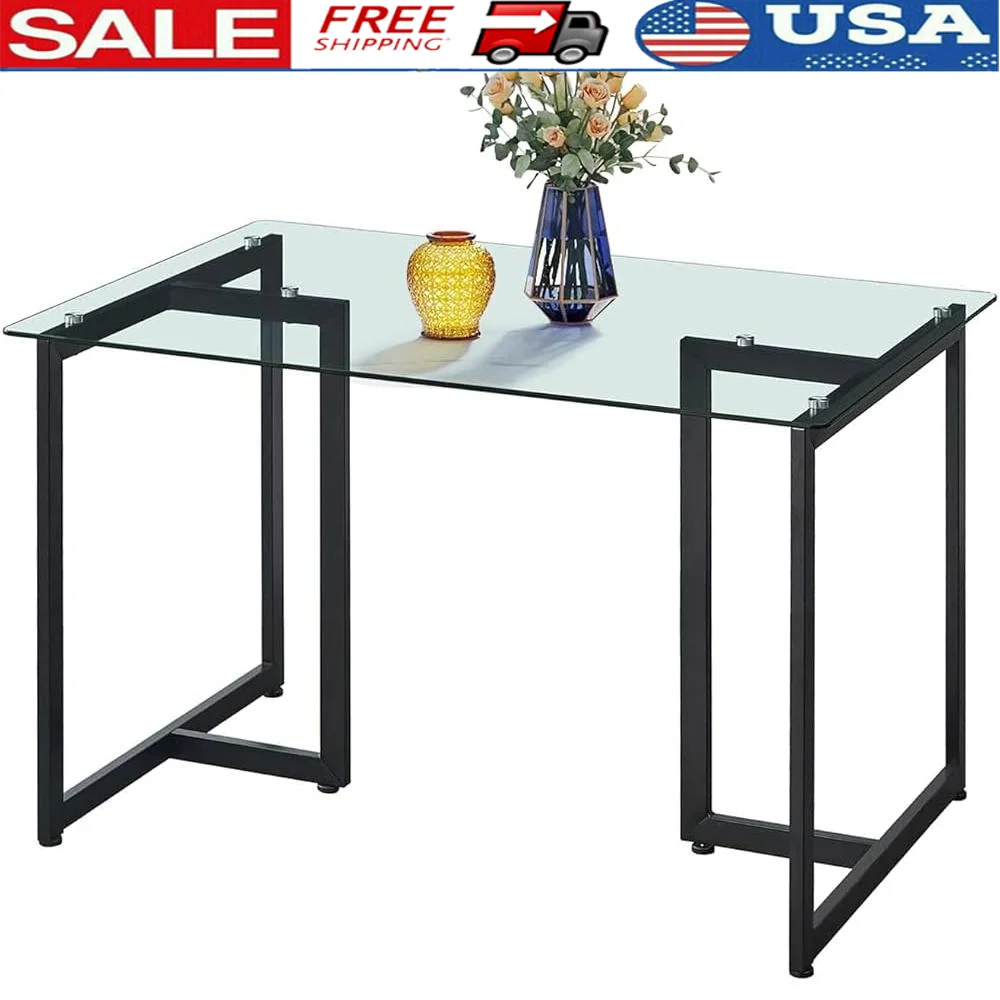 Spacious Tempered Glass Dining Table 4-6 People Sturdy Black Legs Easy Assembly Elegant Kitchen Restaurant Furniture