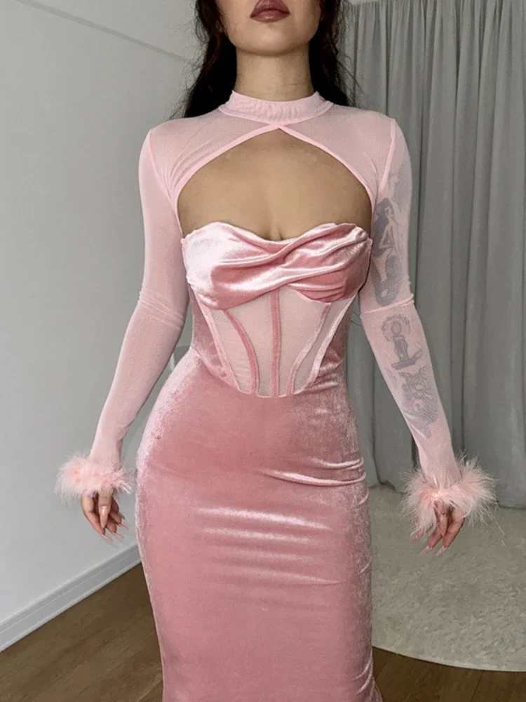 YUZHEXI mesh long sleeve corset slim velvet midi dress women elegant cutout retro court party robe black pink