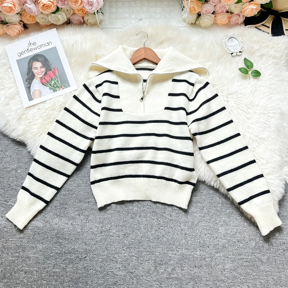 YuooMuoo Korean Fashion Zipper Fly Pullover Tops Women 2026 New Autumn Casual Stripes Knitted Hoody Sweaters Streetwear Shirts
