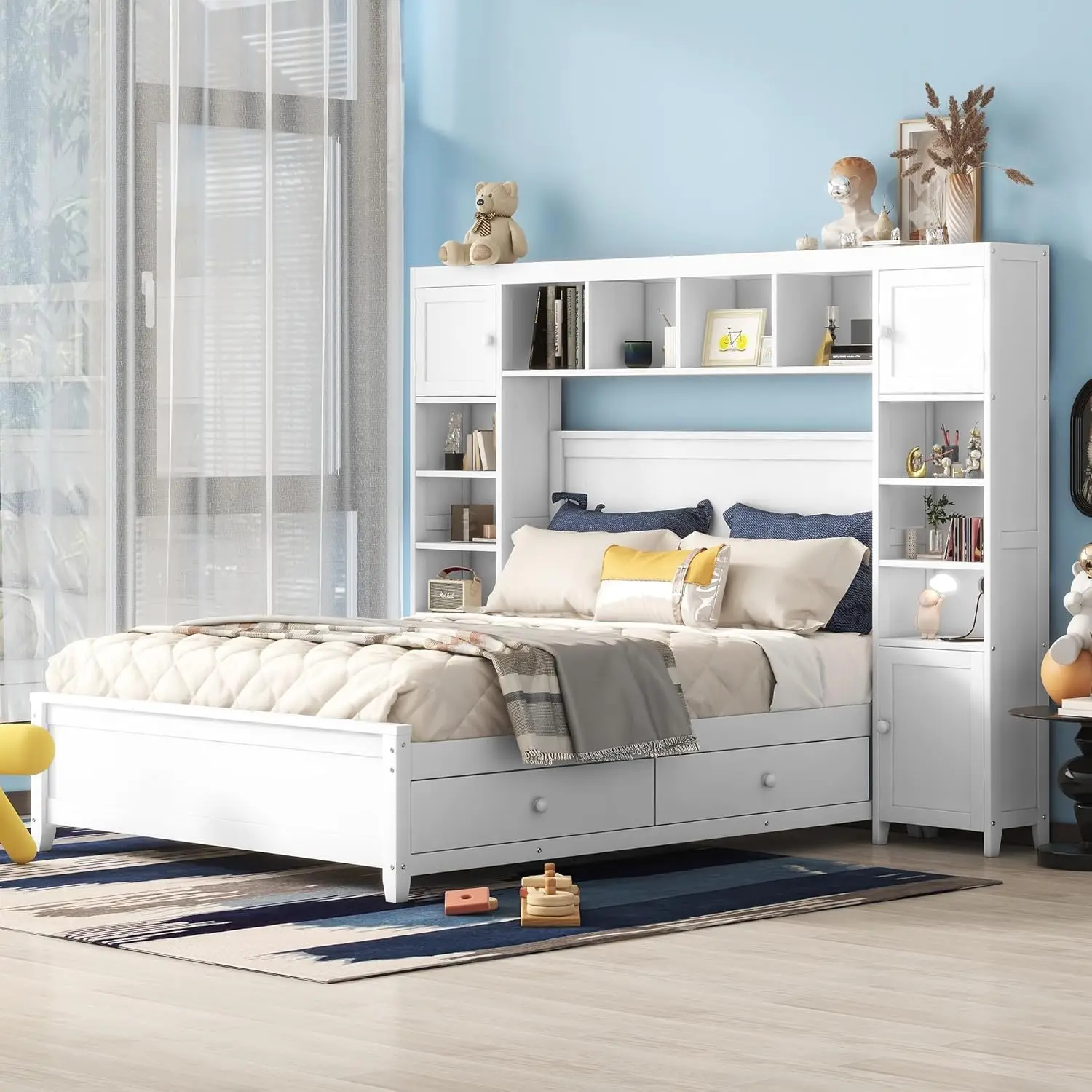

Full Size Platform Bed Frame with Headboard and Storage, Solid Wood Platform Bed with Storage Drawers, Bookcase &, Customized