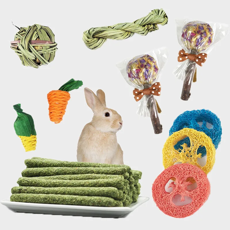 9/14 pçs pequeno conjunto de brinquedos para animais de estimação mastigar brinquedo para coelhos dentes moagem dentes cobaia ramos de maçã mordida madeira dentes moagem lanches