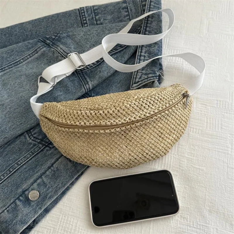 Womens Stylish Woven Chest Bag - Light Brown, Breathable Crossbody Phone Pouch, Versatile Waist Pack for Beach, Sports & Outings image 3