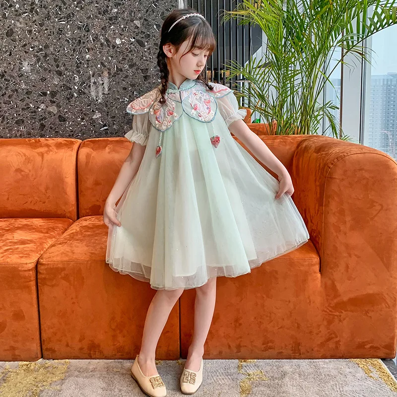 Cheongsam de manga corta para niña, estilo chino Hanfu mejorado, para niñas pequeñas y medianas, novedad de verano