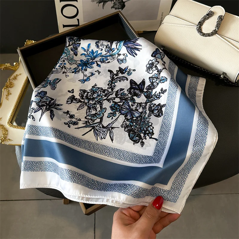 2024 Spring/Summer 70cm Fashion Square Scarf Leisure Neckerchief Imitation Silk Bandannas Women’s Butterfly&Flower Print Shawl