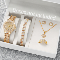 6PCS Fashion Full Diamond Women's Watch Gold Steel Band Analog Quartz Watches Jewelry Set（Without Box）