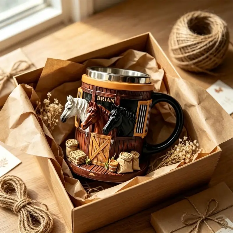 Horse Beer Stein Cup with Metal Inner Wall, 3D Stable Scene Drink Cup for Coffee Service, Shelf Display, Desk Accent, and KXRE