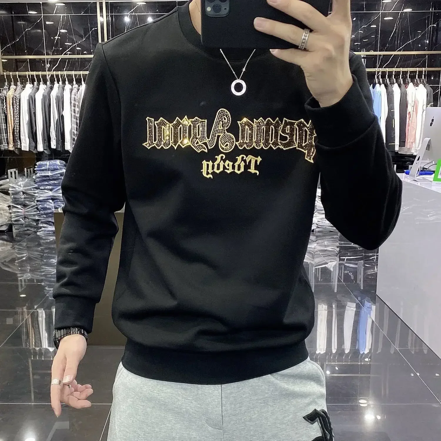 Sweatshirts for Man Top Pullover Men\'s Clothing Hoodieless Yellow New Rock Graphic Diamond Warm Novelty and Korean Style Luxury