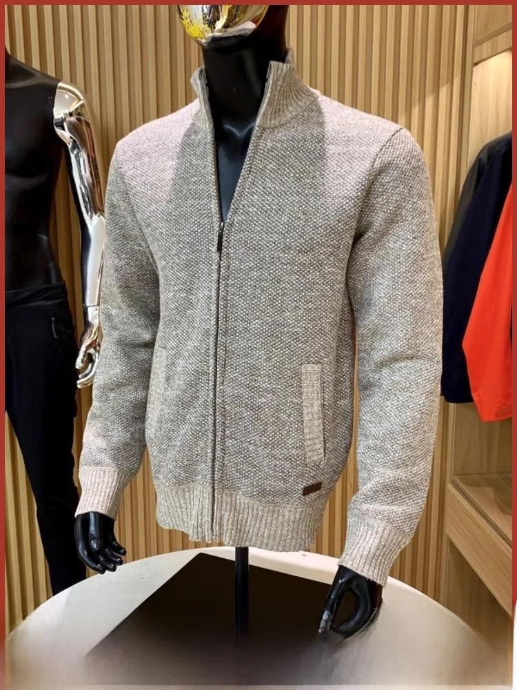 

Вязаный джат с тонкой текстурой для мужчин, повседневный открытый кардиган с воротником-стойкой, осень-зима, модная цветная молодежная одежда