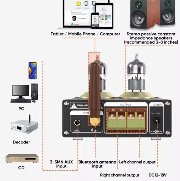 Weiliang TPA-6A2 المبتدئين مُضخّم صوت صغير الحجم HiFi BT 5.0 فراغ أنبوب مضخم رقمي