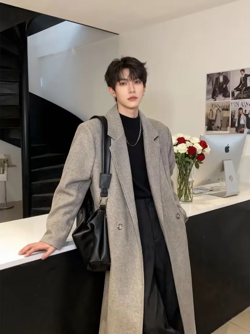 

Bla Ultra-Long Over-Knee Woolen Men's Winter Cotton-Thiened Warmth Outerwear Mid-Length Trendy Windbreaker Coat