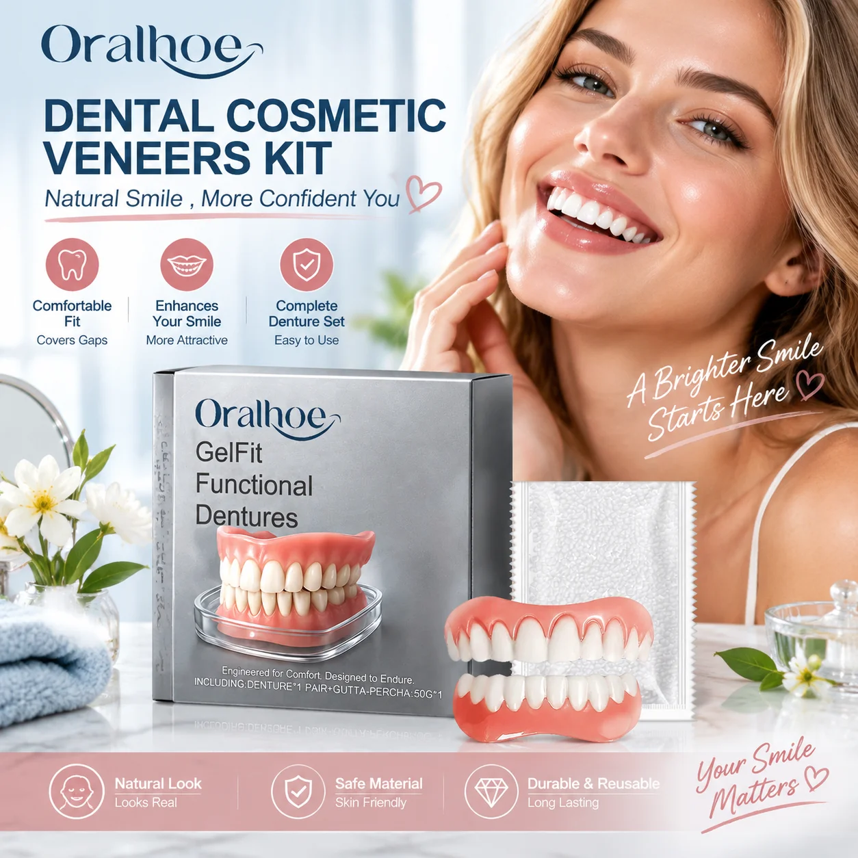Oralhoe Adjustable Silicone Denture Perfect Fit Upper and Lower Removable Perfect Smile Natural False Teeth Temporary Dentures