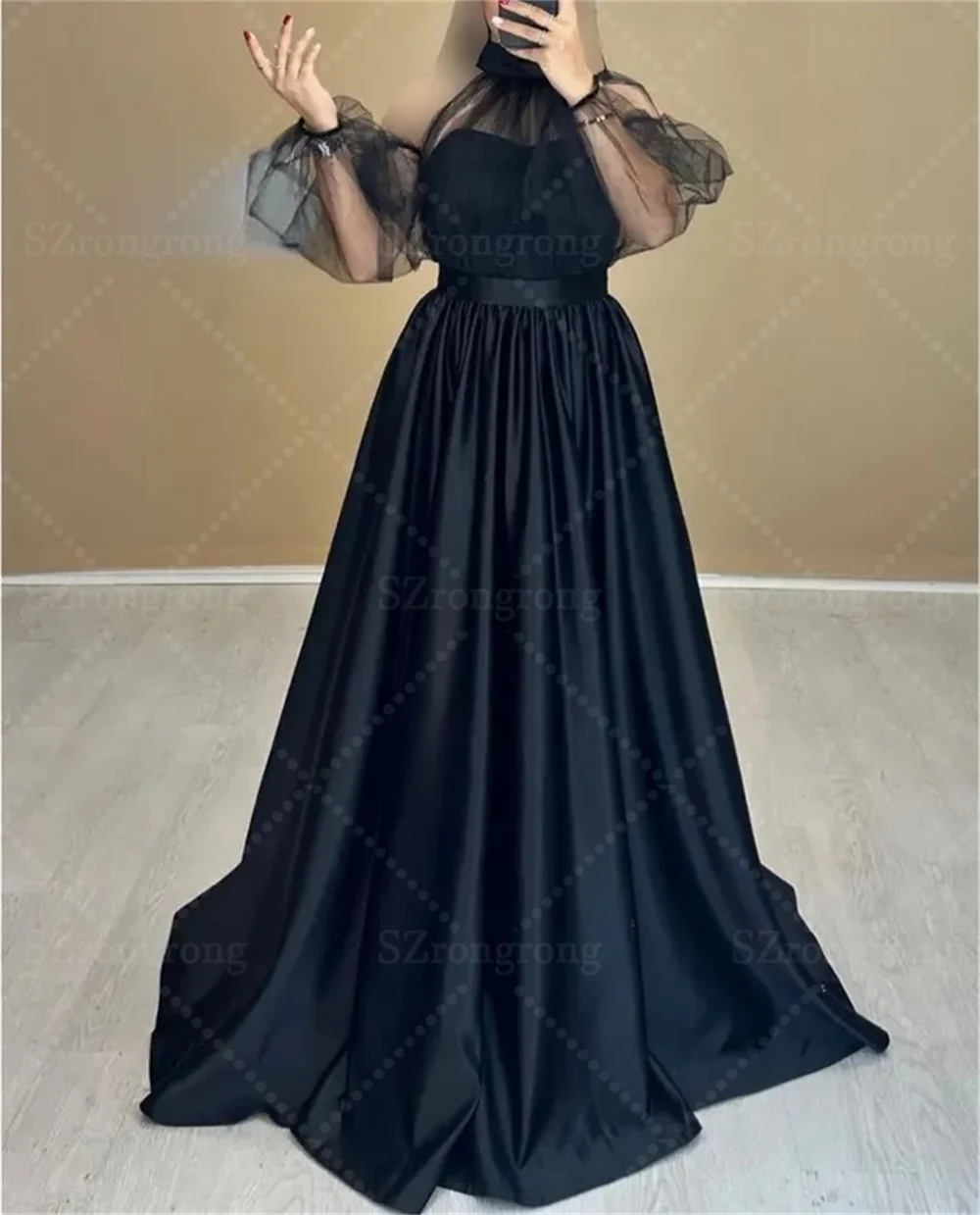 فستان سهرة زفاف حديث مصنوع حسب الطلب برقبة سكوب وثنيات بطول الأرض بدون ظهر للحفلات الراقصة مع ذيل رداء السهرة #1