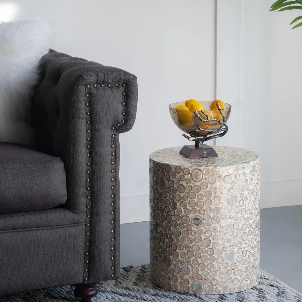 Table d'appoint en nacre pour la maison, tabouret Capiz rond crème, table basse Live Edge, support pour plantes de salon, 14 x 14 x 16