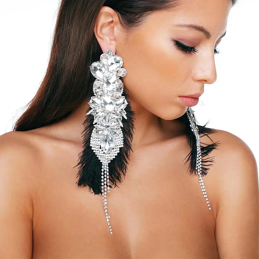 Stonefans Feather Exaggerated Tassel Earrings Luxury 2024 Designer Wholesale Long Statement Earring Wedding Pieces Jwellery Gift