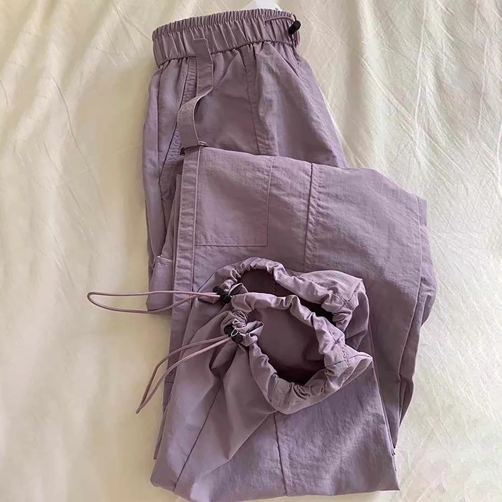 Oversized Thin Purple Cargo Pants for Women Casual Loose Elastic Waist Ankle Banded Pants 2025 New Summer Quick-drying Trousers