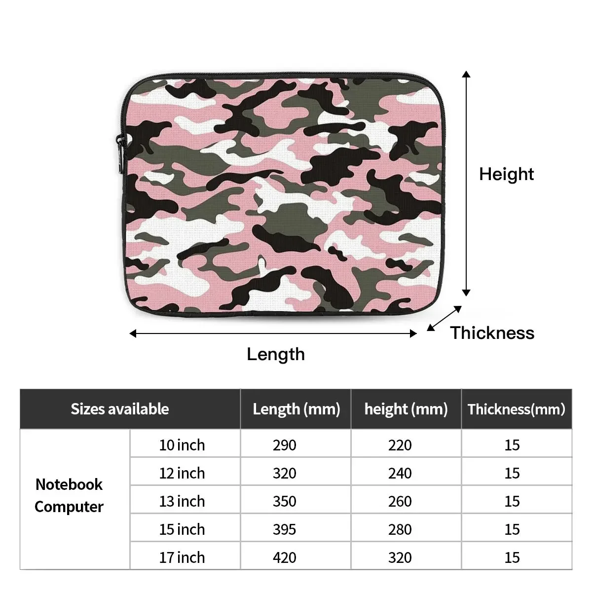 Rosa Camo Padrão Shockproof Laptop Bag, Notebook Capa Manga, Tablet Case, 10 ", 12", 13 ", 15", 17"