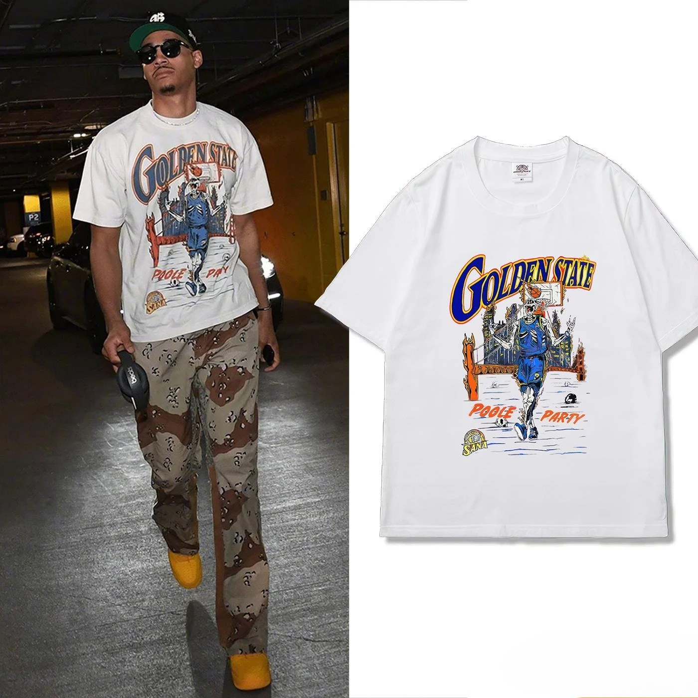 

T-shirt De Sport De Basket-ball Américain À Manches Courtes En Pur Coton Poole Personnalité Masculine Rétro Impression Lâche Col