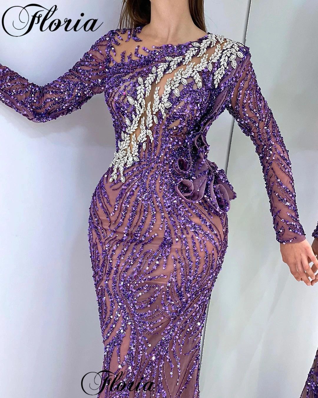 Formal Purple Beaded Evening Dresses With Crystals Long Sleeves Vintage Prom Dresses Mermaid Robes De Soirée Turkish Coutures