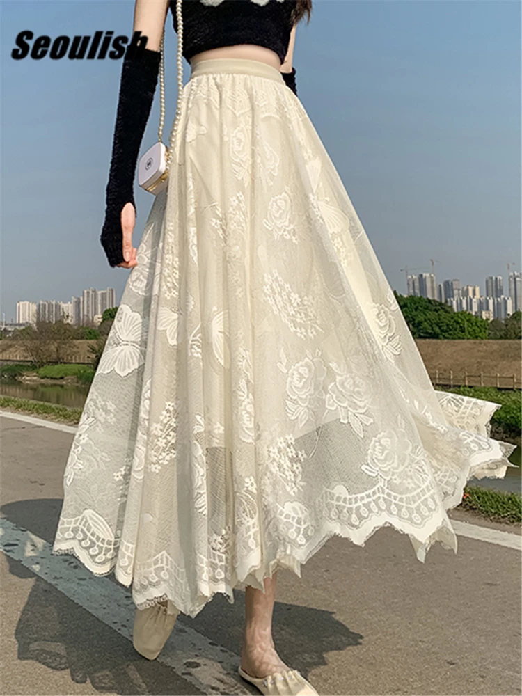 

Seoulish High Waist Lace Crochet Printing Women's Party Long Skirts Spring Summer Korean Umbrella Bohemian Skirt Female 2023 New