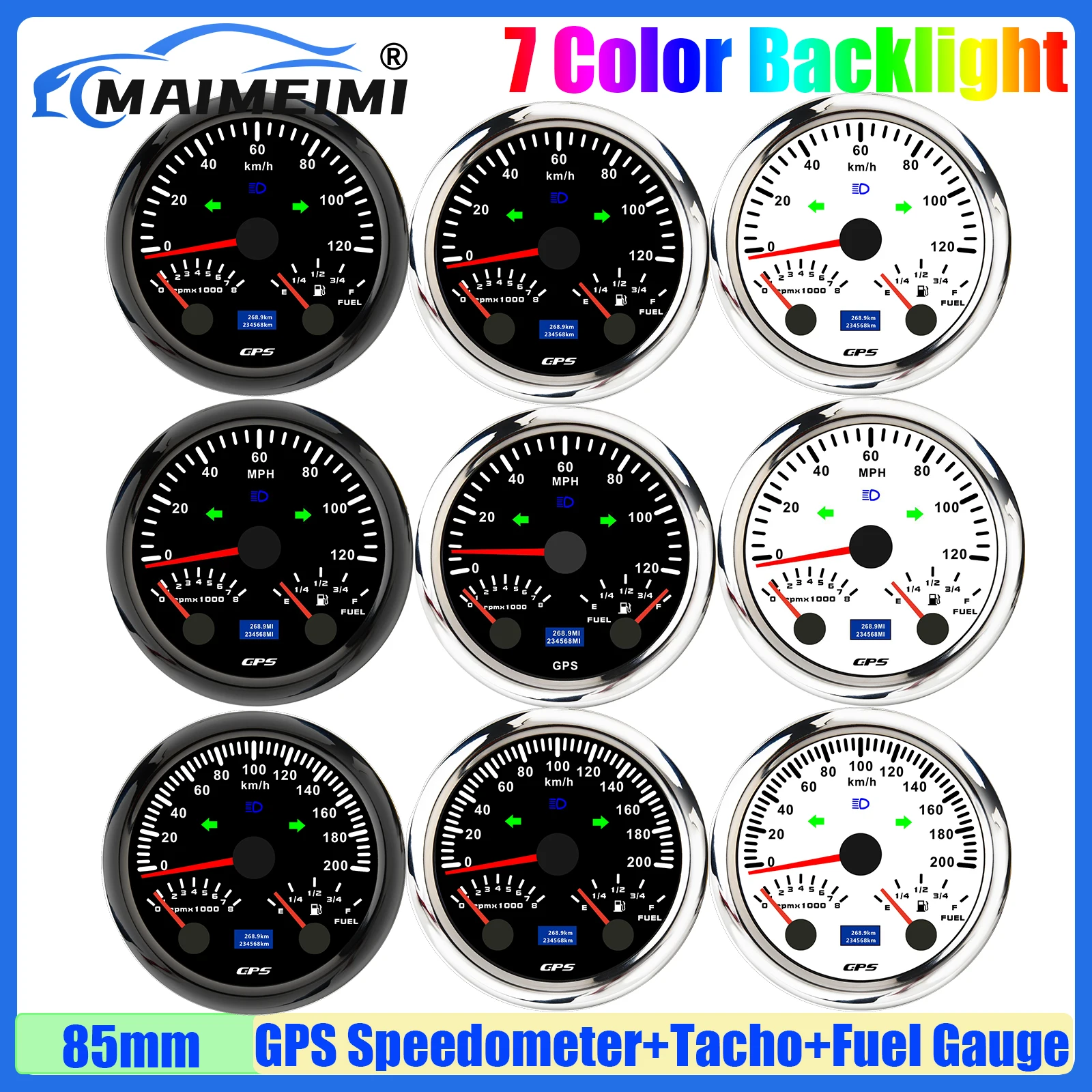 

7 Color Backlight Multi-Meter 3 IN 1 85mm GPS Speedometer+Tachometer+Fuel Level Gauge with Turn Light High Beam Car Boat Yacht