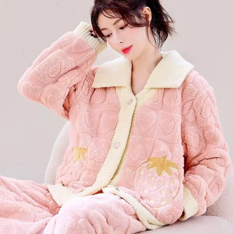 

Coral Velvet Pajama Sets Women Winter Loungewear Suit Warm Sleepwear Two-piece Set Turn-Down Collar Home Wear Home Clothes