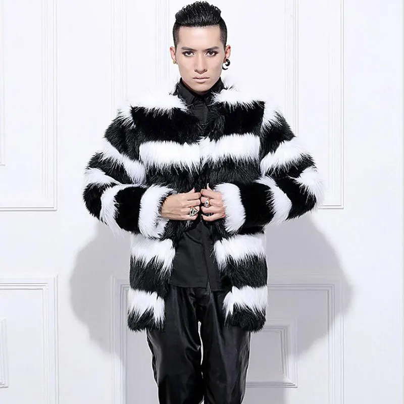 

Мужское пальто из искусственного меха, зимний полосатый кардиган из лисьего меха, куртки с длинным рукавом, теплая верхняя одежда, уличная зимняя куртка с круглым вырезом