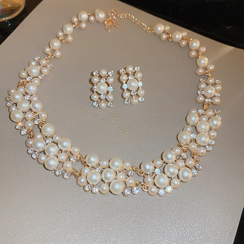 Luxury Pearl Necklace Earrings For Women Crystal Weddings Banquet Jewelry Sets