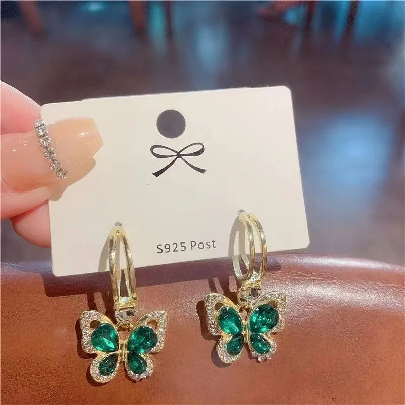 Trendy New Green Crystal Hanging Earrings Rhinestone Butteryfly Pendants Women\'s Drop Earrings Korean Fashion Wedding Jewelry