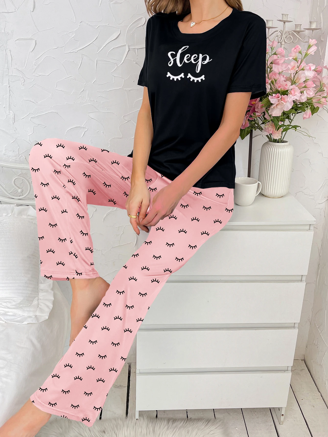 Women\'s new style home wear letter pattern short-sleeved blouse printed trousers two-piece casual pajamas set