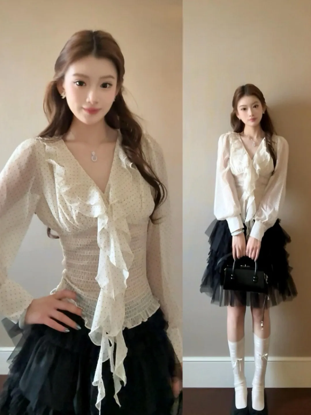 

Модная женская блузка с V-образным вырезом в французском стиле, с длинным рукавом, подчеркивающая талию, мягкая, летняя, тренд 2026, уникальный дизайн